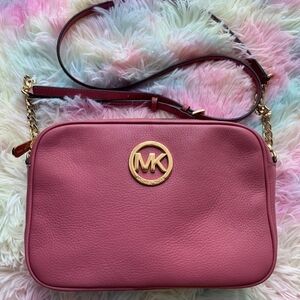 Michael Kors Rose Pink Pebbled Leather Crossbody with Gold MK Emblem